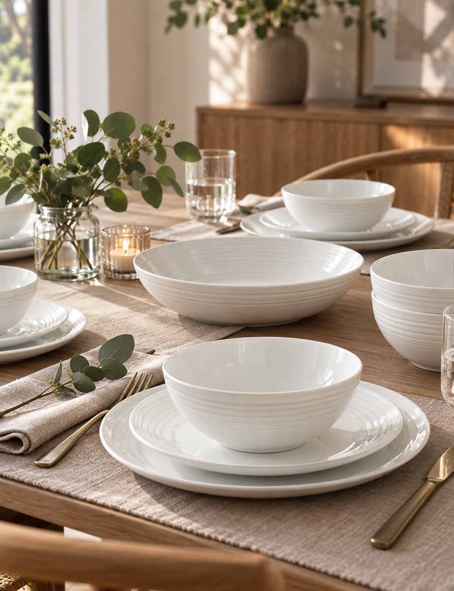 16 Piece Ribbed Porcelain Dinner Set - White