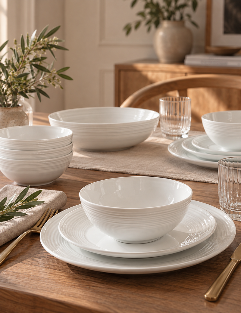 16 Piece Ribbed Porcelain Dinner Set - White