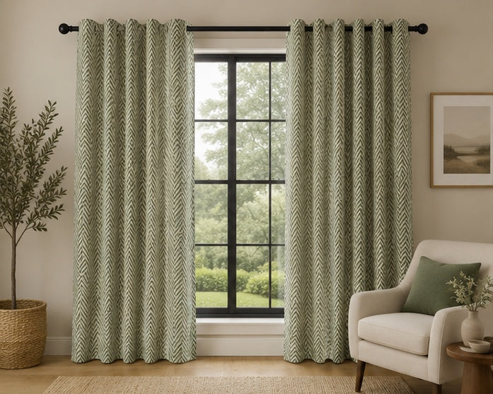 Textured Herringbone Eyelet Curtains - Green - 117cm x 137cm
